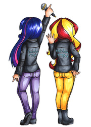 Size: 2072x2884 | Tagged: safe, artist:gummigator, sunset shimmer, twilight sparkle, equestria girls, g4, my little pony equestria girls: rainbow rocks, clothes, high res, humanized, jeans, leather jacket, microphone, pants
