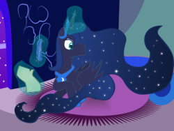 Size: 2794x2103 | Tagged: safe, artist:epiccrasher, princess luna, g4, alternate universe, female, glowing horn, high res, horn, quill, solo