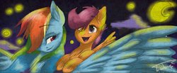 Size: 953x394 | Tagged: safe, artist:lubyloo7, rainbow dash, scootaloo, g4, moon