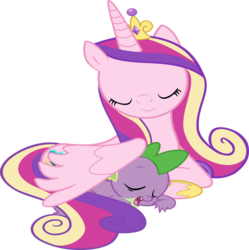 Size: 796x799 | Tagged: safe, artist:reaver75, princess cadance, spike, g4, duo, eyes closed, female, male, simple background, sleeping, spikabetes, spikelove, transparent background, wing blanket, winghug, wings