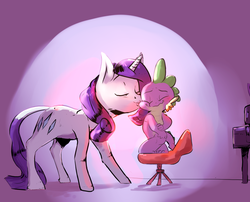 Size: 1280x1036 | Tagged: safe, artist:imsokyo, rarity, spike, classical unicorn, dragon, pony, unicorn, daily life of spike, g4, cloven hooves, cute, duo, eyes closed, female, horn, kissing, leonine tail, male, mare, ship:sparity, shipping, spikabetes, spikelove, stool, straight, unshorn fetlocks, wavy mouth