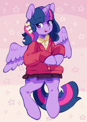 Size: 554x777 | Tagged: safe, artist:twirity, twilight sparkle, semi-anthro, g4, alternate hairstyle, clothes, cute, female, hair accessory, open mouth, skirt, solo, stars, sweater, twiabetes, twilight sparkle (alicorn)