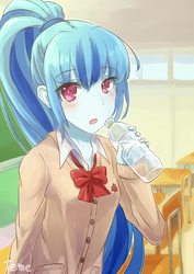 Size: 706x1000 | Tagged: safe, artist:temecharo, sonata dusk, equestria girls, g4, anime, clothes, school uniform, schoolgirl, solo, water bottle