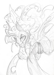 Size: 1280x1761 | Tagged: safe, artist:mirapony, queen chrysalis, changeling, changeling queen, g4, female, grayscale, monochrome, sketch, solo, traditional art
