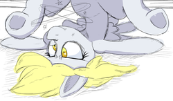 Size: 1471x860 | Tagged: safe, artist:purple-yoshi-draws, derpy hooves, pegasus, pony, g4, bed, circling stars, colored, dazed, dizzy, female, hooves, mare, solo, underhoof, upside down