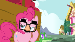 Size: 1366x768 | Tagged: safe, screencap, gummy, pinkie pie, g4, party of one, groucho mask
