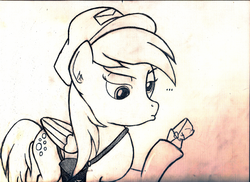 Size: 2337x1699 | Tagged: safe, artist:derpiano, derpy hooves, pegasus, pony, g4, female, mare, monochrome, solo, traditional art