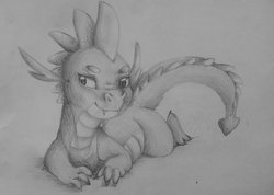 Size: 1024x728 | Tagged: safe, artist:themoonraven, spike, g4, male, monochrome, prone, solo, traditional art