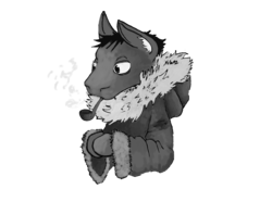 Size: 2717x2017 | Tagged: dead source, safe, artist:php64, oc, oc only, pony, buck pony card game, clothes, fur coat, high res, jacket, monochrome, pipe, project, smoking, solo
