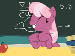 Size: 569x423 | Tagged: safe, artist:lifesharbinger, cheerilee, earth pony, pony, g4, ^^, apple, book, chalkboard, eyes closed, female, mare, solo