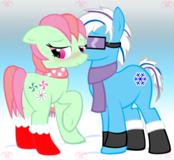 Size: 932x858 | Tagged: safe, artist:kpendragon, minty, snowflake (g3), earth pony, pony, g3, g4, blushing, clothes, female, g3 to g4, generation leap, male, mare, mintyflake, rule 63, shipping, snow, snowflake, stallion, straight