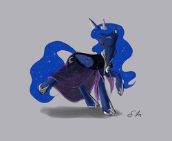Size: 1569x1284 | Tagged: safe, artist:silfoe, edit, princess luna, g4, clothes, cute, dancing, do the sparkle, dress, earring, eyes closed, female, horn, horn jewelry, jewelry, open mouth, raised hoof, raised leg, simple background, smiling, solo