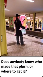 Size: 700x1243 | Tagged: safe, fluttershy, human, g4, berlin, blue, clothes, fedora, food, germany, hat, hipster, irl, irl human, photo, plushie, socks, subway, train station