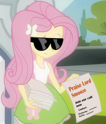 Size: 881x1024 | Tagged: safe, artist:m48patton, edit, screencap, fluttershy, the smooze, friendship is witchcraft, equestria girls, g1, g4, cult leader fluttershy, cult of smooze, horse women, lord smooze, praise lord smooze, sunglasses