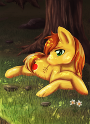 Size: 768x1056 | Tagged: safe, artist:buizel149, braeburn, g4, forest, male, missing accessory, prone, solo, straw