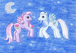 Size: 1024x714 | Tagged: safe, artist:normaleeinsane, royal rose, silver glow, g3, flying, moon, night, stars, traditional art