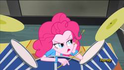 Size: 1920x1080 | Tagged: safe, screencap, pinkie pie, equestria girls, rainbow rocks, discovery family logo, drums, female, musical instrument, pinkie pie is not amused, solo, unamused