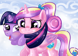 Size: 712x512 | Tagged: safe, artist:kuromi, princess cadance, twilight sparkle, g4, clothes, filly, filly twilight sparkle, painting, scarf, snow, snowfall, teen princess cadance, younger