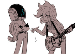 Size: 579x417 | Tagged: safe, artist:murai shinobu, applejack, rarity, equestria girls, g4, my little pony equestria girls: rainbow rocks, and then there's rarity, bass guitar, clothes, cowboy hat, daft punk, daft rarity, freckles, guitar, hat, monochrome, musical instrument, pixiv, simple background, stetson, white background