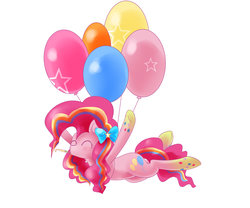 Size: 1200x1000 | Tagged: safe, artist:qiluo soul, pinkie pie, g4, balloon, bow, eyes closed, female, pixiv, rainbow power, solo, then watch her balloons lift her up to the sky