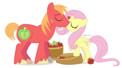 Size: 1000x560 | Tagged: safe, artist:dm29, big macintosh, fluttershy, earth pony, pony, g4, apple, eyes closed, heart, kissing, male, ship:fluttermac, shipping, simple background, stallion, straight, transparent background