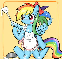 Size: 1657x1577 | Tagged: safe, artist:timorikawa, rainbow dash, g4, alternate hairstyle, anatomically incorrect, apron, bow, clothes, female, incorrect leg anatomy, ponytail, solo