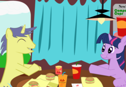 Size: 1024x709 | Tagged: safe, artist:pacificgreen, comet tail, twilight sparkle, alicorn, pony, g4, burger, couple, curtains, drink, female, food, french fries, friendshipping, hay burger, male, mare, milkshake, ship:cometlight, shipping, smiling, straight, twilight burgkle, twilight sparkle (alicorn), window