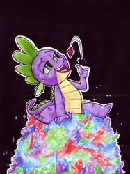 Size: 598x800 | Tagged: safe, artist:keyshakitty, spike, dragon, g4, collaboration, eating, gem, male, open mouth, solo, tongue out