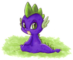 Size: 550x454 | Tagged: safe, artist:keyshakitty, spike, dragon, g4, grass, looking at you, looking back, looking back at you, male, sitting, solo