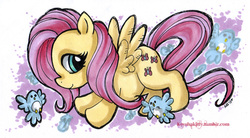 Size: 636x350 | Tagged: safe, artist:keyshakitty, fluttershy, bird, pegasus, pony, g4, female, looking back, small ears, solo