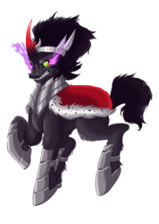 Size: 712x1000 | Tagged: safe, artist:blazemizu, king sombra, g4, armor, cape, clothes, dark magic, fangs, magic, male, simple background, solo, sombra eyes, transparent background