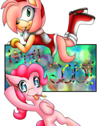 Size: 789x1013 | Tagged: safe, pinkie pie, g4, 2015, amy rose, celebration, crossover, sonic the hedgehog (series)