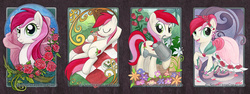 Size: 1800x675 | Tagged: safe, artist:soulscapecreatives, roseluck, g4, alternate hairstyle, clothes, dress, drink, eyes closed, flower, grin, looking back, mouth hold, on back, open mouth, portrait, raised hoof, rose, sandwich, smiling, traditional art, water, watering can