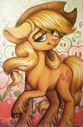 Size: 2624x3982 | Tagged: safe, artist:locksto, applejack, earth pony, pony, g4, big ears, colored hooves, cowboy hat, female, floppy ears, hat, high res, mare, raised hoof, solo, traditional art, unshorn fetlocks, watercolor painting