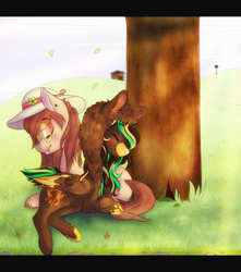 Size: 1000x1130 | Tagged: safe, artist:iuminary, oc, oc only, oc:honeybear, oc:juniper greenhoof, glasses, hat, tree