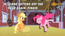 Size: 960x540 | Tagged: safe, applejack, pinkie pie, g4, barn, hay bale, shadow