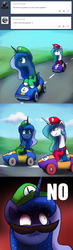 Size: 1200x4093 | Tagged: safe, artist:anticular, princess celestia, princess luna, alicorn, pony, ask sunshine and moonbeams, g4, bloodshot eyes, comic, cosplay, duo, duo female, faic, female, hat, looking back, luigi, luigi's death stare, male, mare, mario, mario kart, moustache, smiling, super mario bros., tumblr, unamused