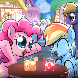 Size: 1280x1280 | Tagged: safe, artist:mister-markers, derpy hooves, pinkie pie, rainbow dash, oc, earth pony, pegasus, pony, g4, cute, day, diapinkes, drink, female, food, glass, happy, male, mare, one eye closed, open mouth, orange, ponyville, signature, smiling, spread wings, stallion, straw, strawberry, table, talking, underhoof, wings