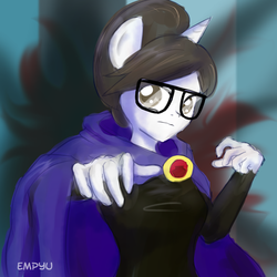 Size: 1000x1000 | Tagged: safe, artist:empyu, raven, anthro, g4, 30 minute art challenge, ambiguous facial structure, cosplay, glasses, namesake, pun, raven (dc comics), solo