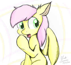 Size: 3000x2777 | Tagged: safe, artist:ando, fluttershy, g4, alternate hairstyle, border, colors, cute, floppy ears, high res, light, open mouth, sitting, smiling