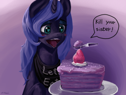 Size: 1600x1200 | Tagged: safe, artist:chickhawk96, princess luna, pony, g4, bib, blushing, cake, drool, eyes on the prize, female, five nights at freddy's, heart eyes, open mouth, schizophrenia, smiling, solo, tongue out, wingding eyes