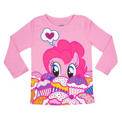 Size: 1000x1000 | Tagged: safe, pinkie pie, g4, official, clothes, cupcake, female, food, heart, kids, long sleeves, solo, t-shirt, thought bubble, welovefine