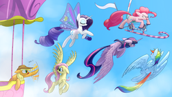 Size: 1920x1080 | Tagged: safe, artist:underpable, applejack, fluttershy, pinkie pie, rainbow dash, rarity, twilight sparkle, alicorn, pegasus, pony, g4, :o, :p, cute, eyes closed, female, flailing, floppy ears, flying, flying contraption, glimmer wings, helicopter, hot air balloon, looking back, mane six, mare, pedalcopter, sky, smiling, smirk, spread wings, tongue out, twilight sparkle (alicorn), wallpaper, wide eyes, worried