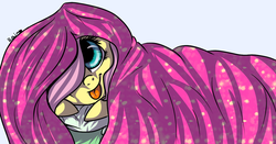 Size: 1024x538 | Tagged: safe, artist:nika-rain, fluttershy, g4, blanket, covered, female, filly, solo, tongue out