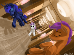 Size: 1600x1200 | Tagged: safe, artist:chickhawk96, princess luna, scootaloo, sweetie belle, alicorn, pegasus, pony, unicorn, g4, female, hallway, inception, trio