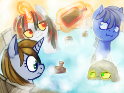 Size: 1600x1200 | Tagged: safe, artist:arfaise, oc, oc only, oc:blackjack, oc:fernblossom, oc:littlepip, oc:why, pony, unicorn, fallout equestria, fallout equestria: project horizons, alcohol, bath, bottle, clothes, drunk, fanfic, fanfic art, female, glowing horn, horn, jumpsuit, levitation, magic, mare, pipbuck, telekinesis, vault suit, whiskey