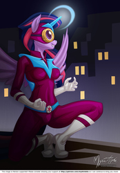 Size: 955x1373 | Tagged: safe, artist:mysticalpha, twilight sparkle, alicorn, anthro, plantigrade anthro, g4, power ponies (episode), clothes, costume, female, goggles, magic, mask, masked matter-horn costume, power ponies, solo, twilight sparkle (alicorn)