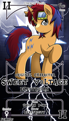 Size: 800x1399 | Tagged: safe, artist:vavacung, oc, oc only, oc:sweet voltage, pony, unicorn, commission, female, goggles, mare, pactio card, solo