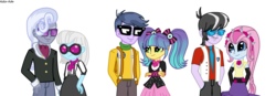 Size: 1512x527 | Tagged: safe, artist:asika-aida, hoity toity, micro chips, photo finish, pixel pizazz, ringo, violet blurr, equestria girls, g4, background human, equestria girls-ified, female, male, micropixel, photoity, ringoblurr, shipping, simple background, straight, the snapshots, transparent background, vector