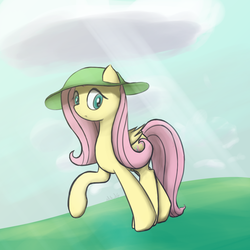 Size: 2000x2000 | Tagged: safe, artist:mang, fluttershy, g4, cloud, cloudy, female, hat, high res, solo